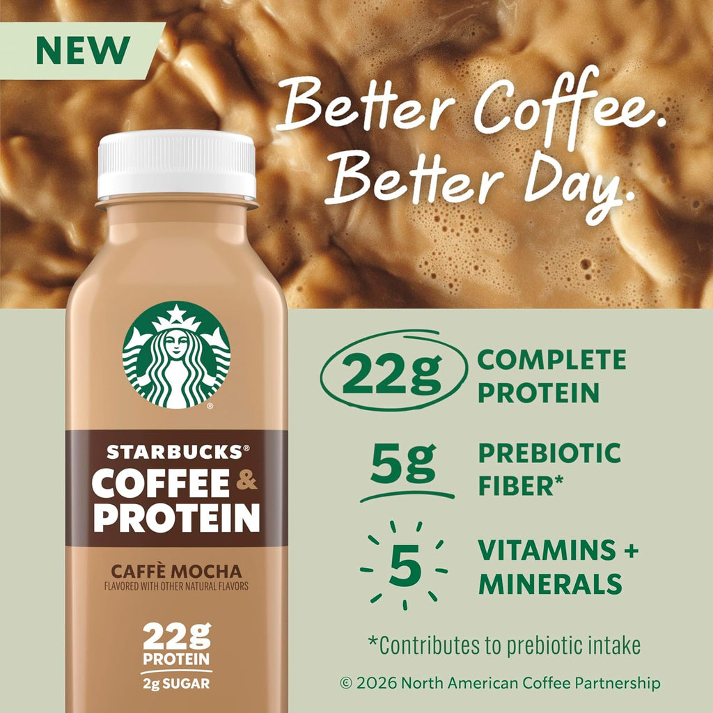 Starbucks Coffee & Protein, Caffe Mocha, 12 fl oz Bottles, (12 Pack), 22g 2g Sugar, No Added 5g Prebiotic Fiber, High Iced Coffee, Vegetarian