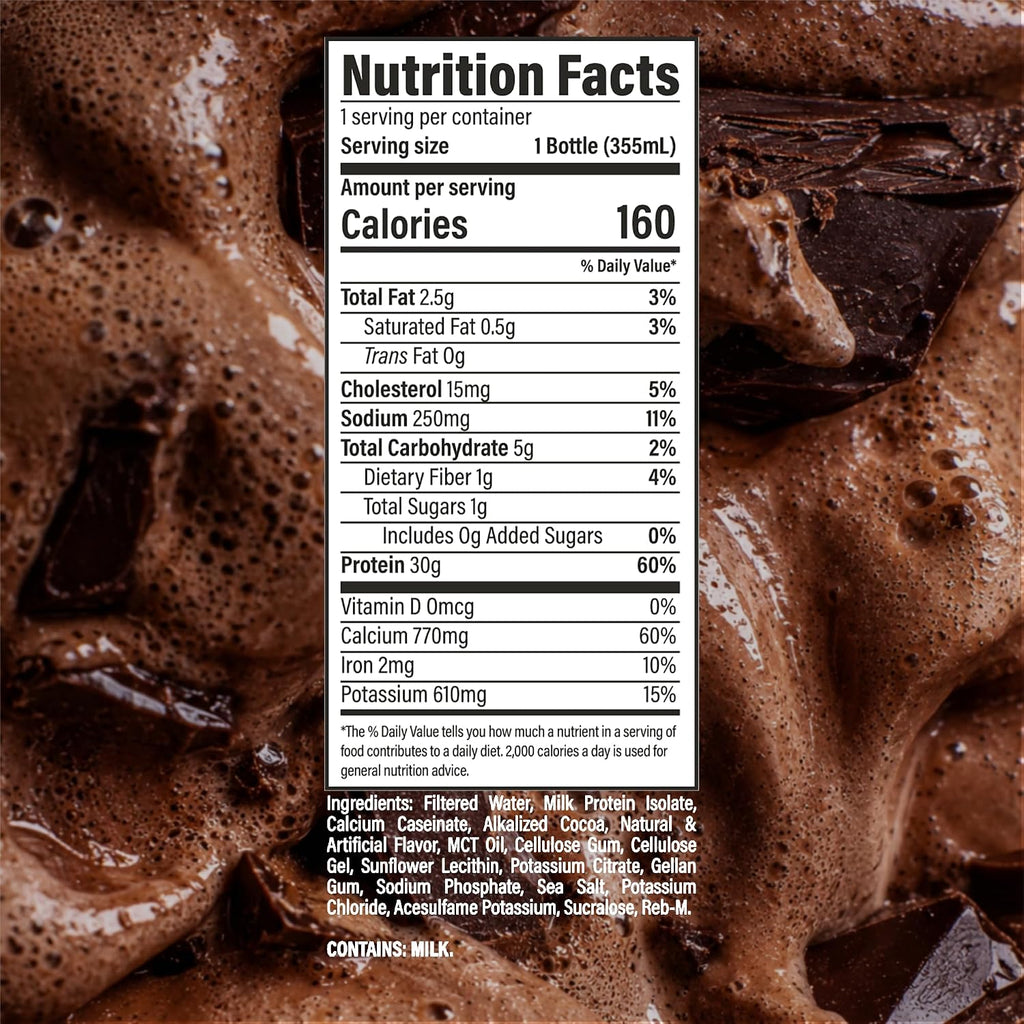 RAW Chocolate Protein Shake - Ready-to-drink Protein Drinks with 30g of Grass-Fed Whey Protein Isolate for Post-Workout - Low-Sugar & Gluten-Free Meal Replacement Drink & Breakfast Shake, 12 Fl Oz (12-Pack)